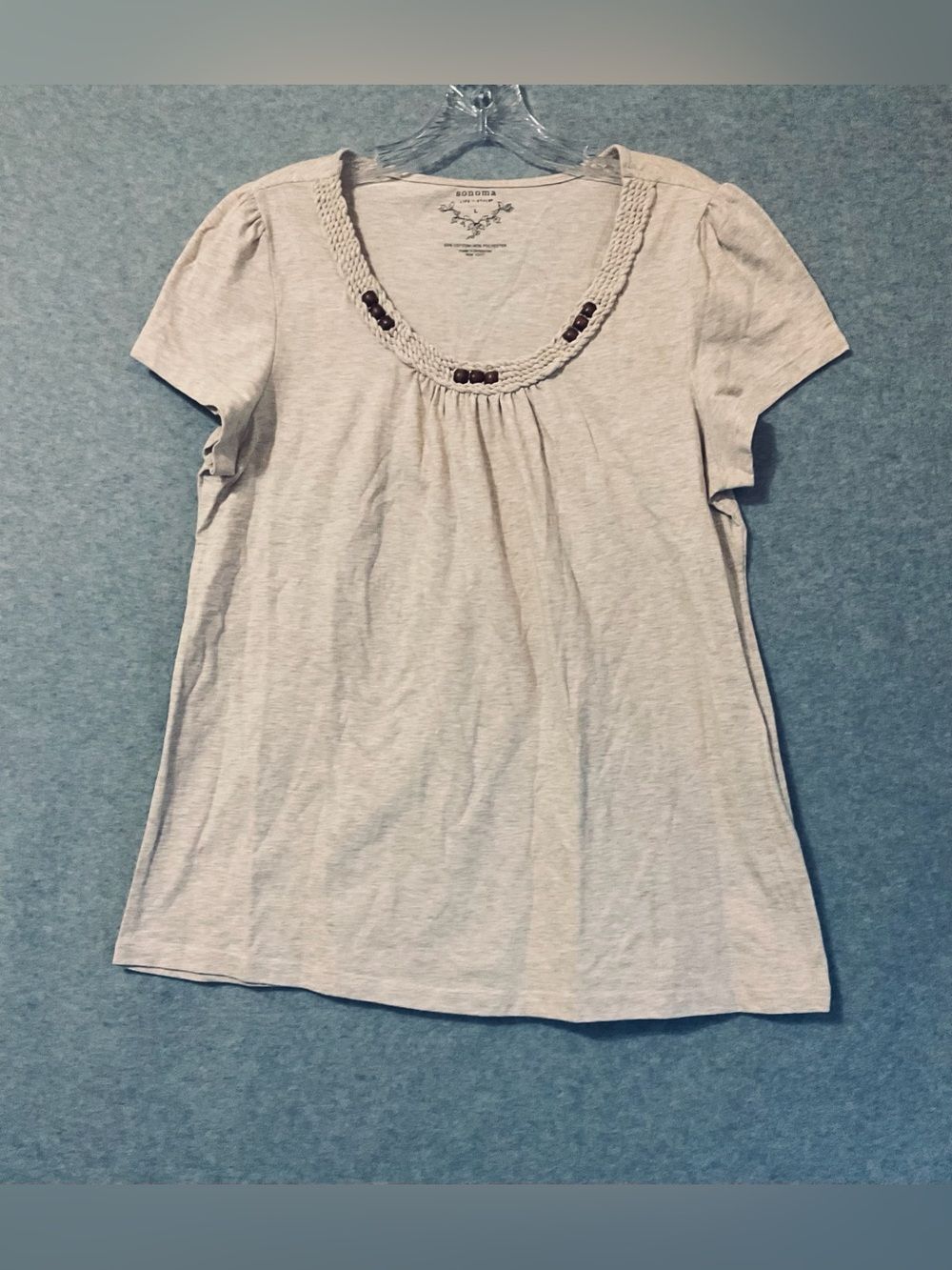 Sonoma Womens Beige Top Braided Scoop Neck Wooden Beaded Detail Cap Sleeve Sz L